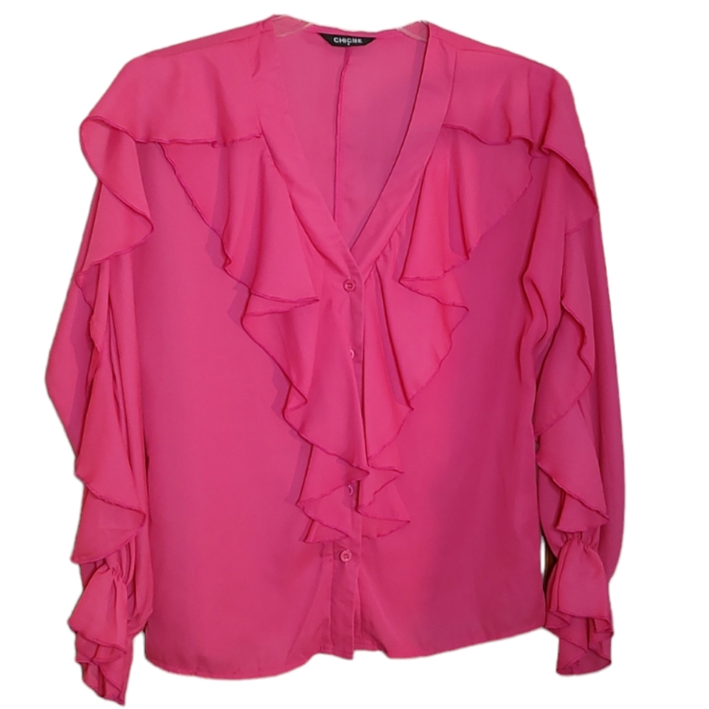 New Barbie Pink V-Neck Ruffled Blouse w Elastic and Ruffle at Wrist sz Medium